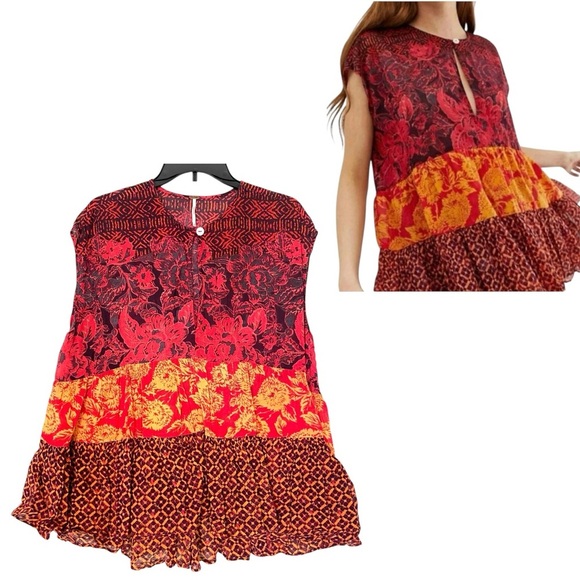 Free People Tops - Free People Gotta Have You Tunic Cap Sleeve Flowy Red Orange Tiered Top Size XS